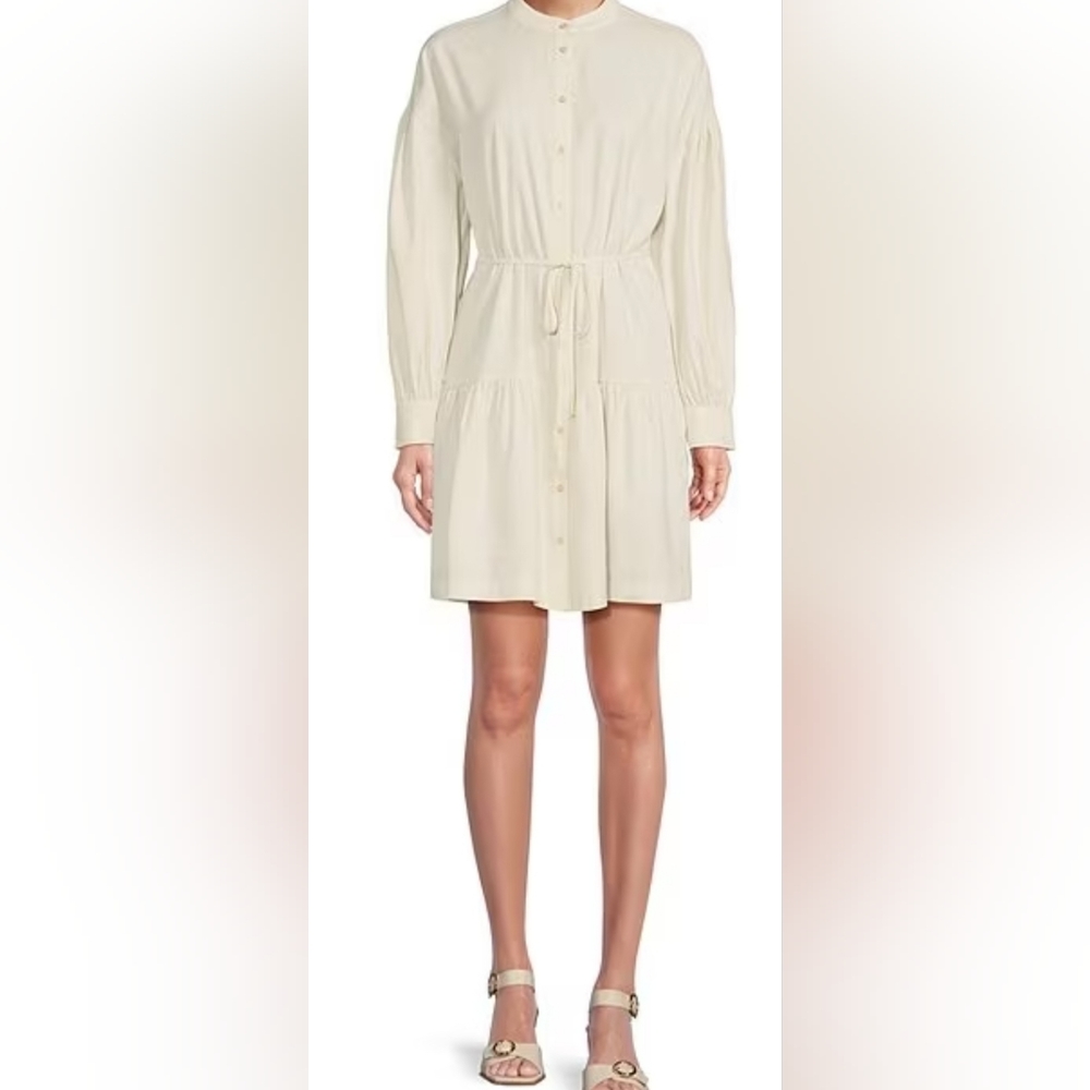 Alex Marie Long Sleeve Striped Fit & Flare Dress Button Up Stand Collar Beige 4